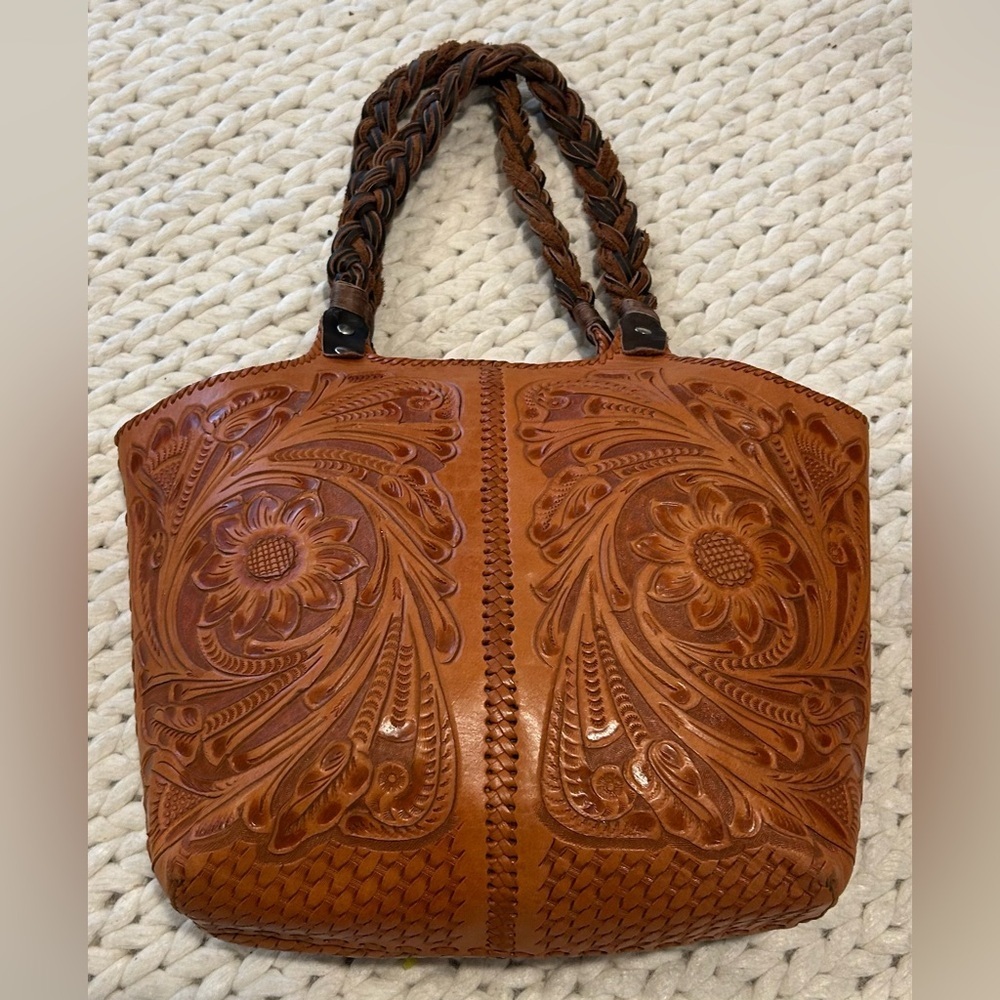 Alejandro Yeo Brown Leather Shoulder bag braided handle structured tote tooled - Picture 10 of 14